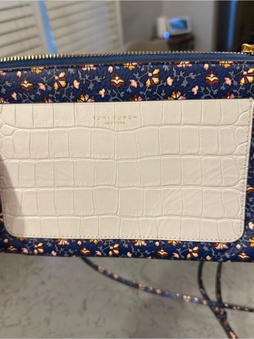Tory Burch Colorblock Leather Tassel Crossbody Bag Clutch Blue Wild Pansy Floral